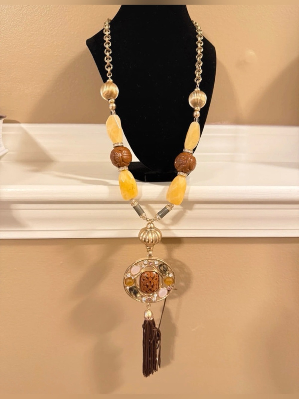 Chico's Long Yellow and Brown Tassel Pendant Necklace